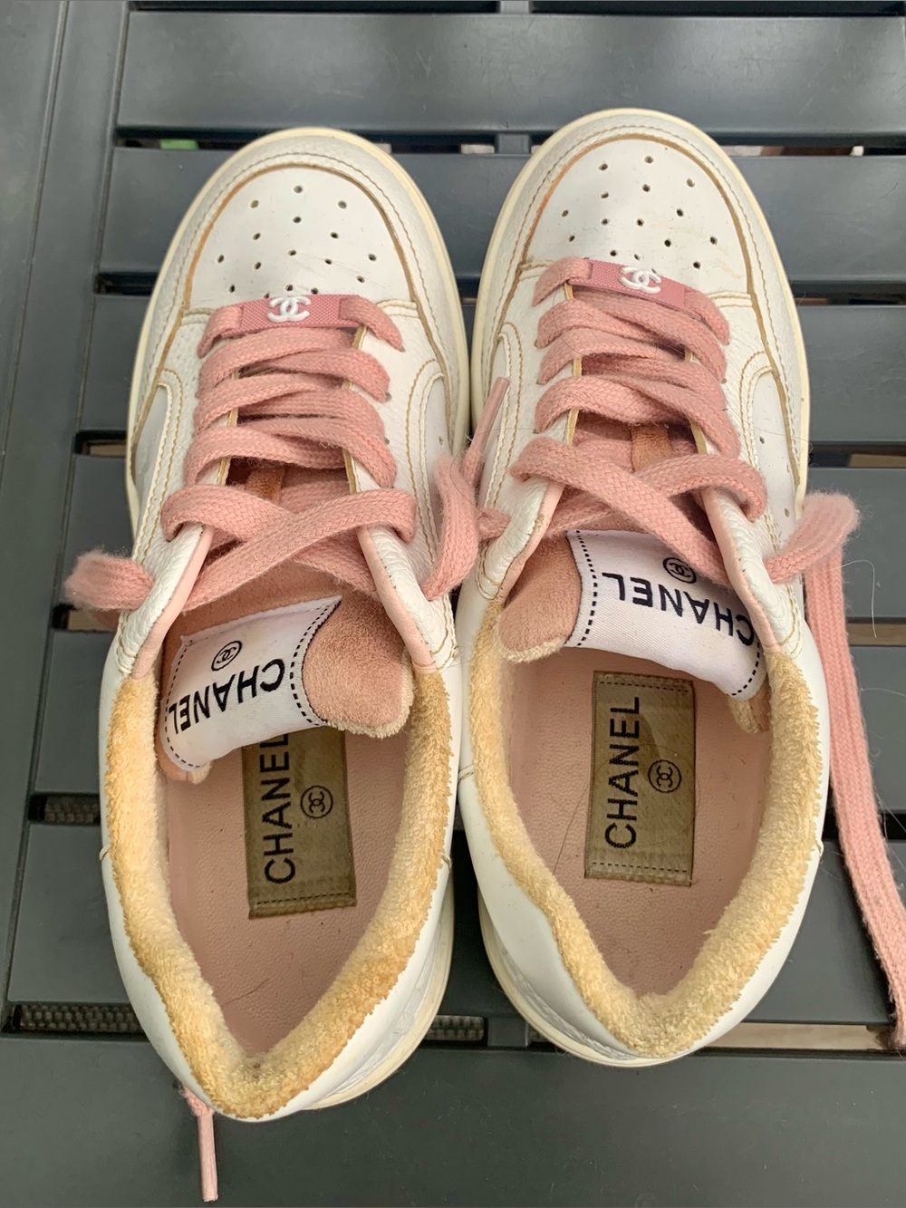 CHANEL Women's White/Pink Lace-Up Sneakers EU 37